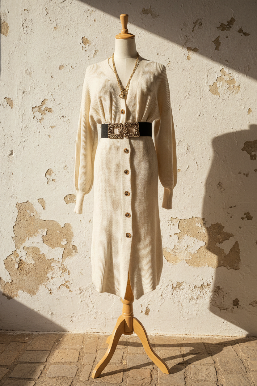 Geripptes Strickkleid Beige – Mannequin frontal