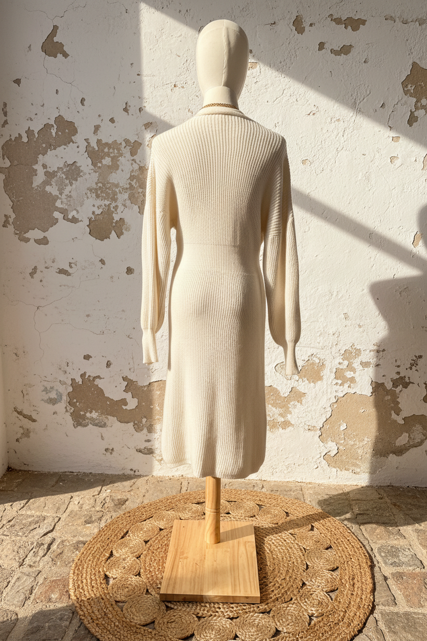 Geripptes Strickkleid Beige – Mannequin Seitenansicht