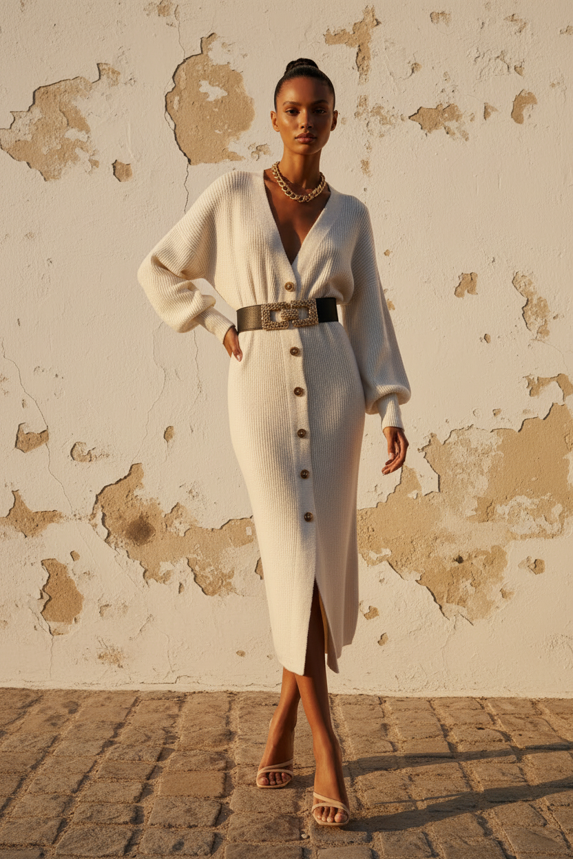 Geripptes Strickkleid Beige – Model