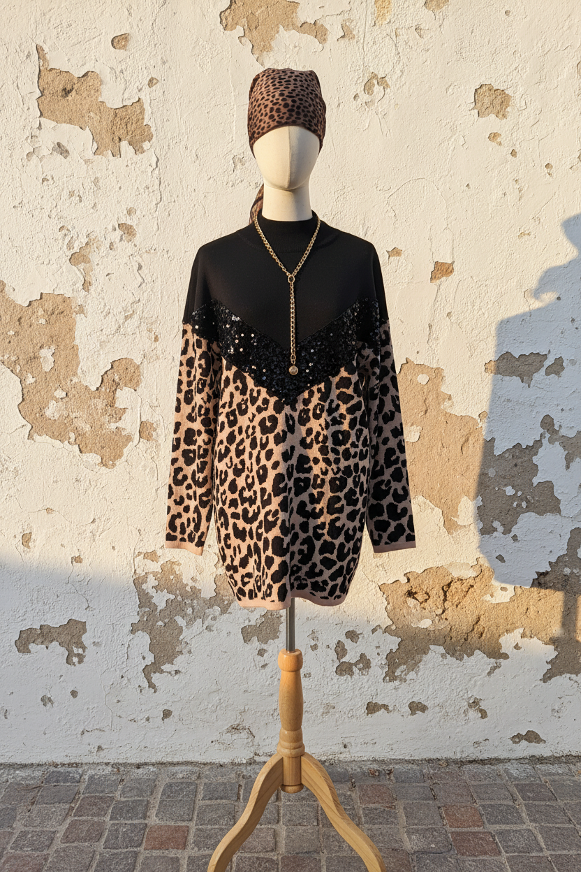 Strickkleid Leopard Pailletten – Mannequin Frontansicht
