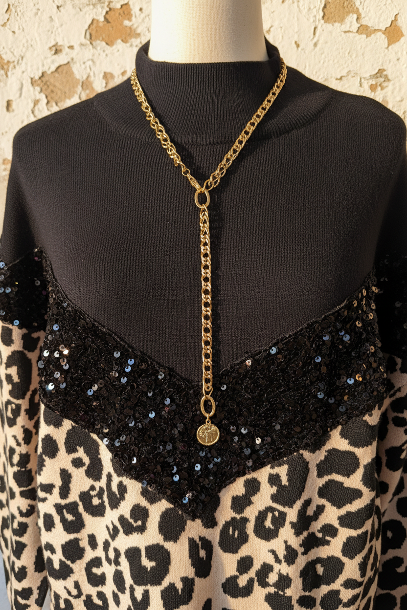 Strickkleid Leopard – Model Seitenansicht mit Stiefeln