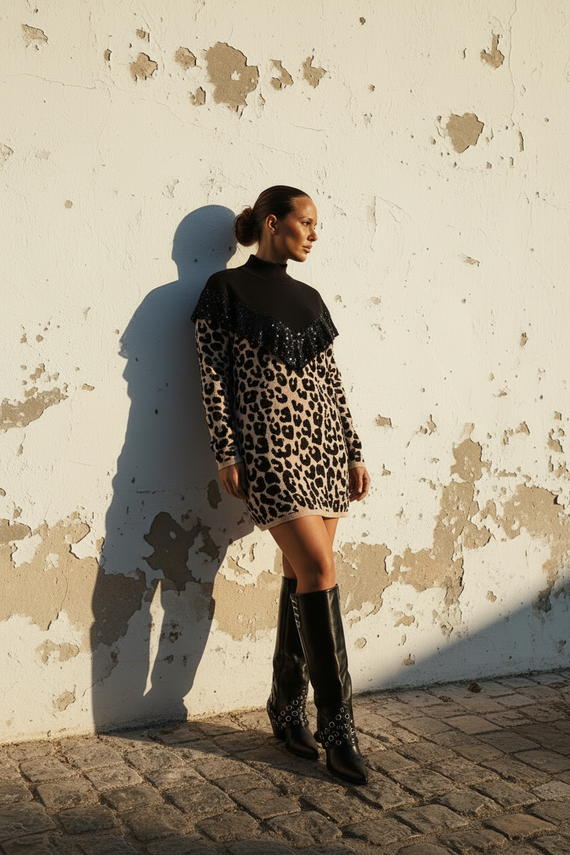 Strickkleid Leopard – Detailansicht Pailletten & Goldkette
