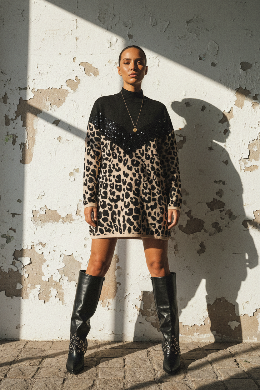 Strickkleid Leopard – Model Power-Pose