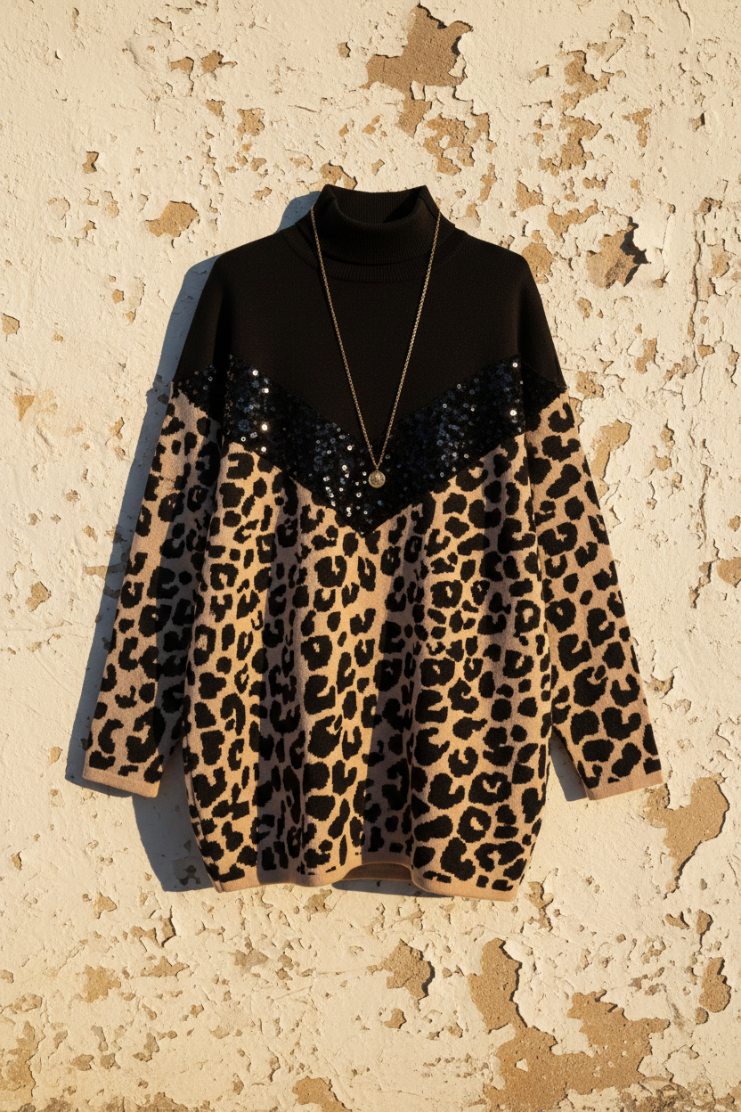 Strickkleid Leopard mit Pailletten – LACLARA mediterrane Mode