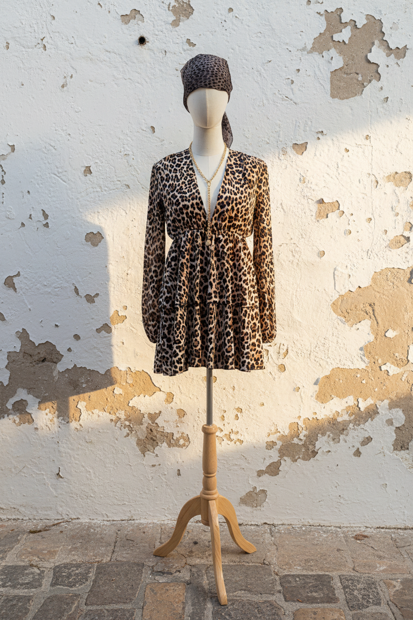 Leoparden Minikleid Frontansicht mit Kopftuch und goldenen Sandalen