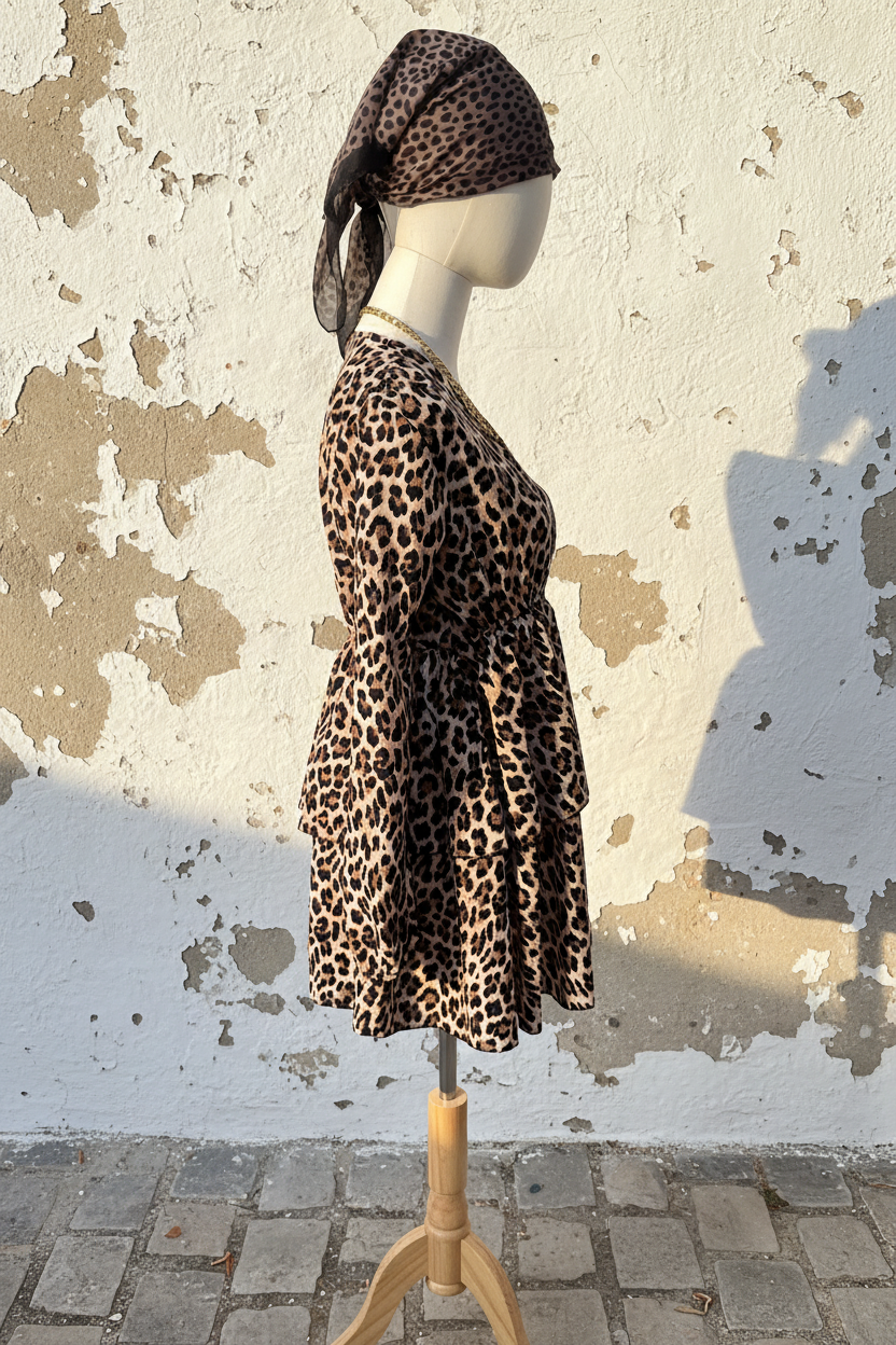Leoparden Minikleid Seitenansicht mit schwarzen Cowboy-Stiefeln