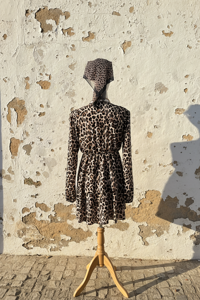 Leoparden Minikleid an der Wand lehnend mit Cowboy-Stiefeln