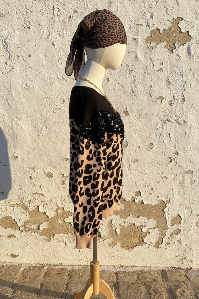 Leopard Pullover mit Pailletten – Rückenansicht auf Mannequin