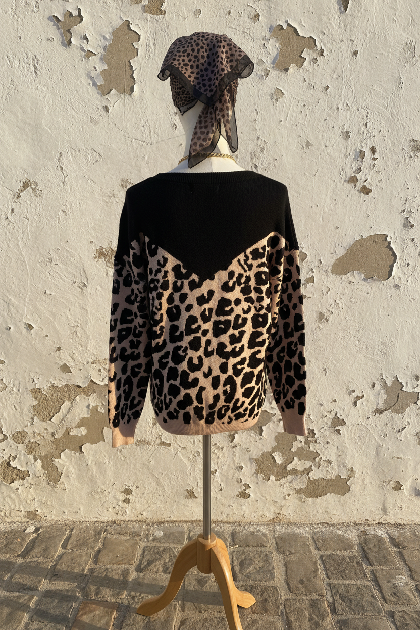 Leopard Pullover mit Pailletten – Model mit schwarzen Shorts und Cowboy Boots