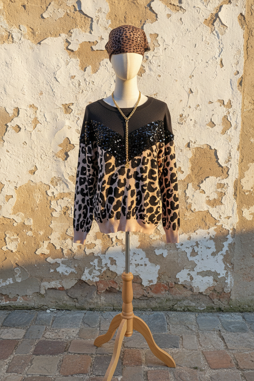 Leopard Pullover mit Pailletten – Model mit schwarzem Lederrock