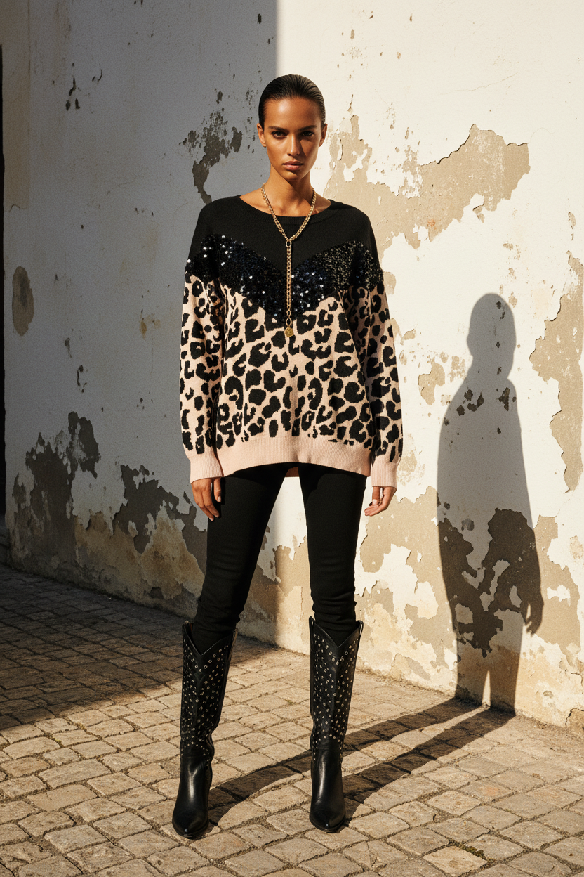 Leopard Pullover mit Pailletten – Model mit schwarzer Skinny Jeans