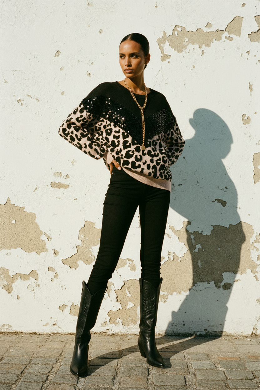 Leopard Pullover mit Pailletten – Total Look mit Leopard Jeans
