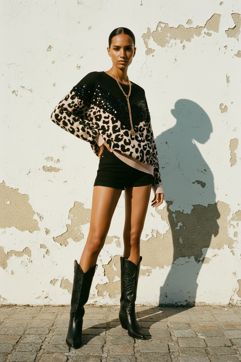 Leopard Pullover mit Pailletten – Kurvig-weibliches Model mit Leopard Jeans