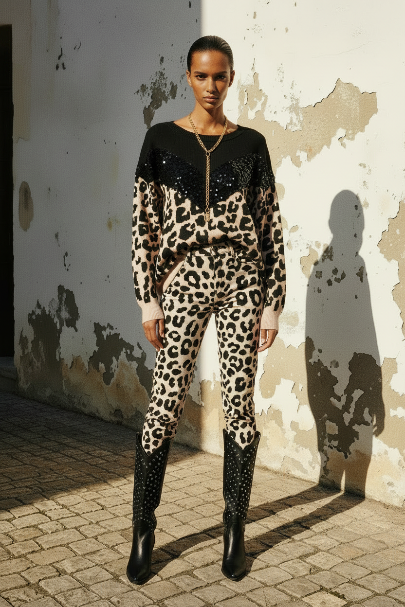 Leopard Pullover mit Pailletten – Frontansicht