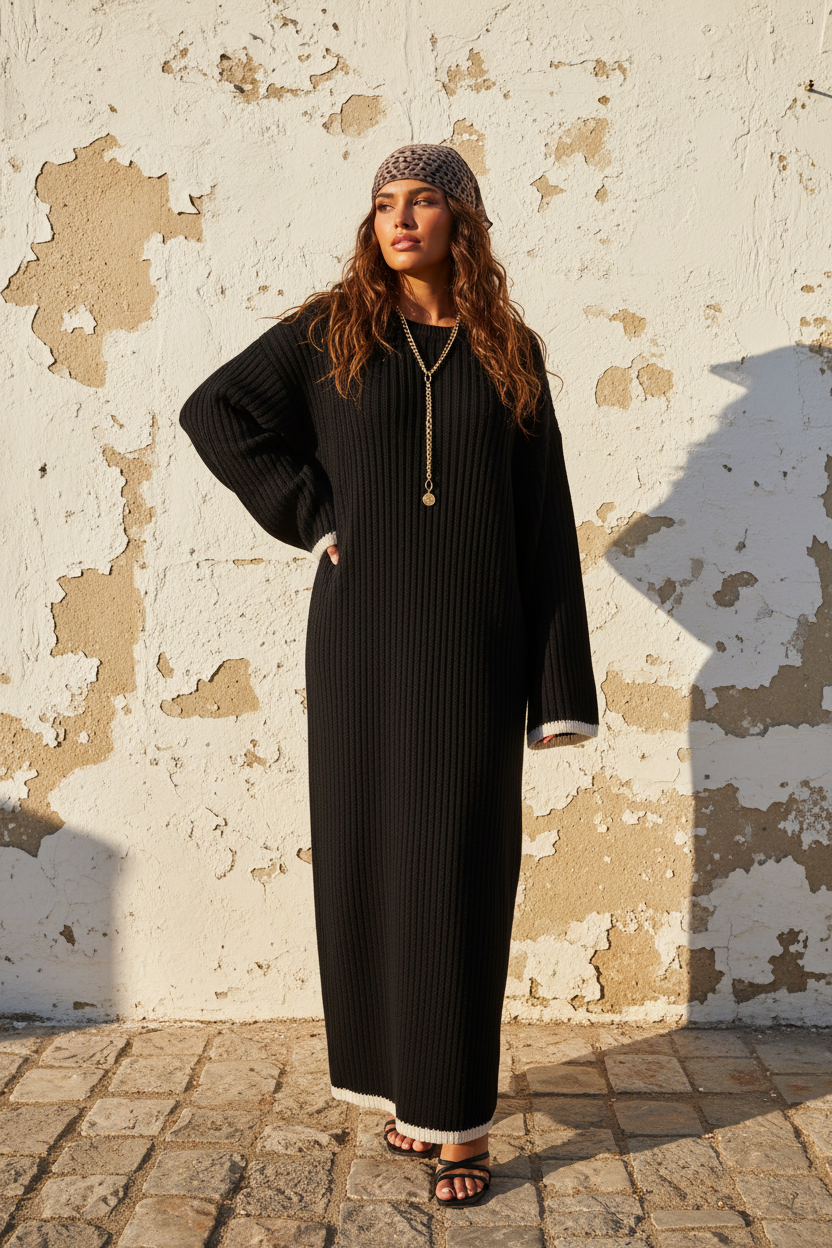 Schwarzes Strickkleid Maxi – Model Frontansicht an weißer Wand