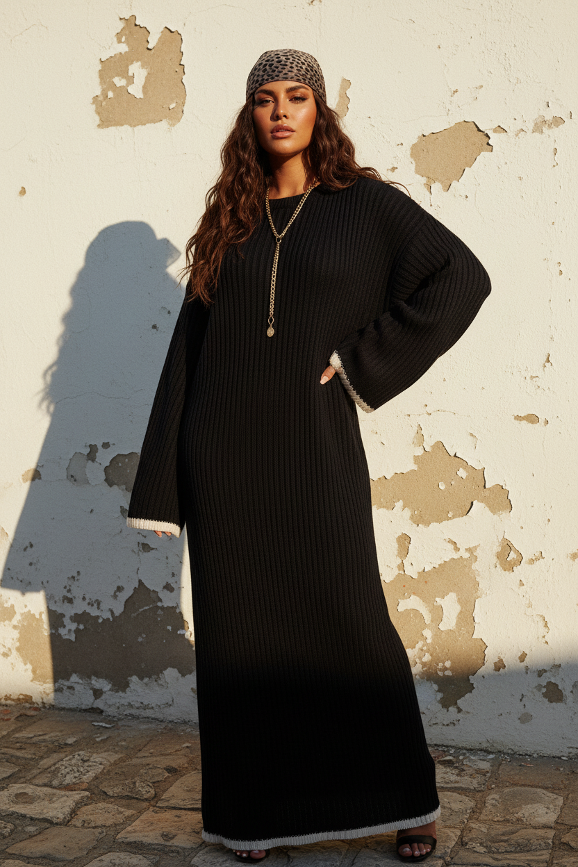 Schwarzes Strickkleid Maxi – Model seitlich angelehnt