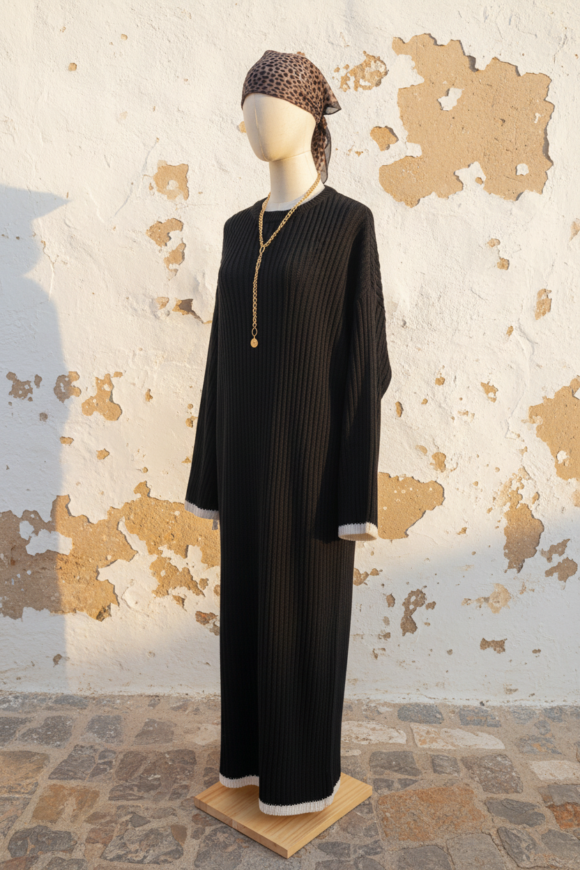 Schwarzes Strickkleid Maxi – Model mit erhobenen Armen