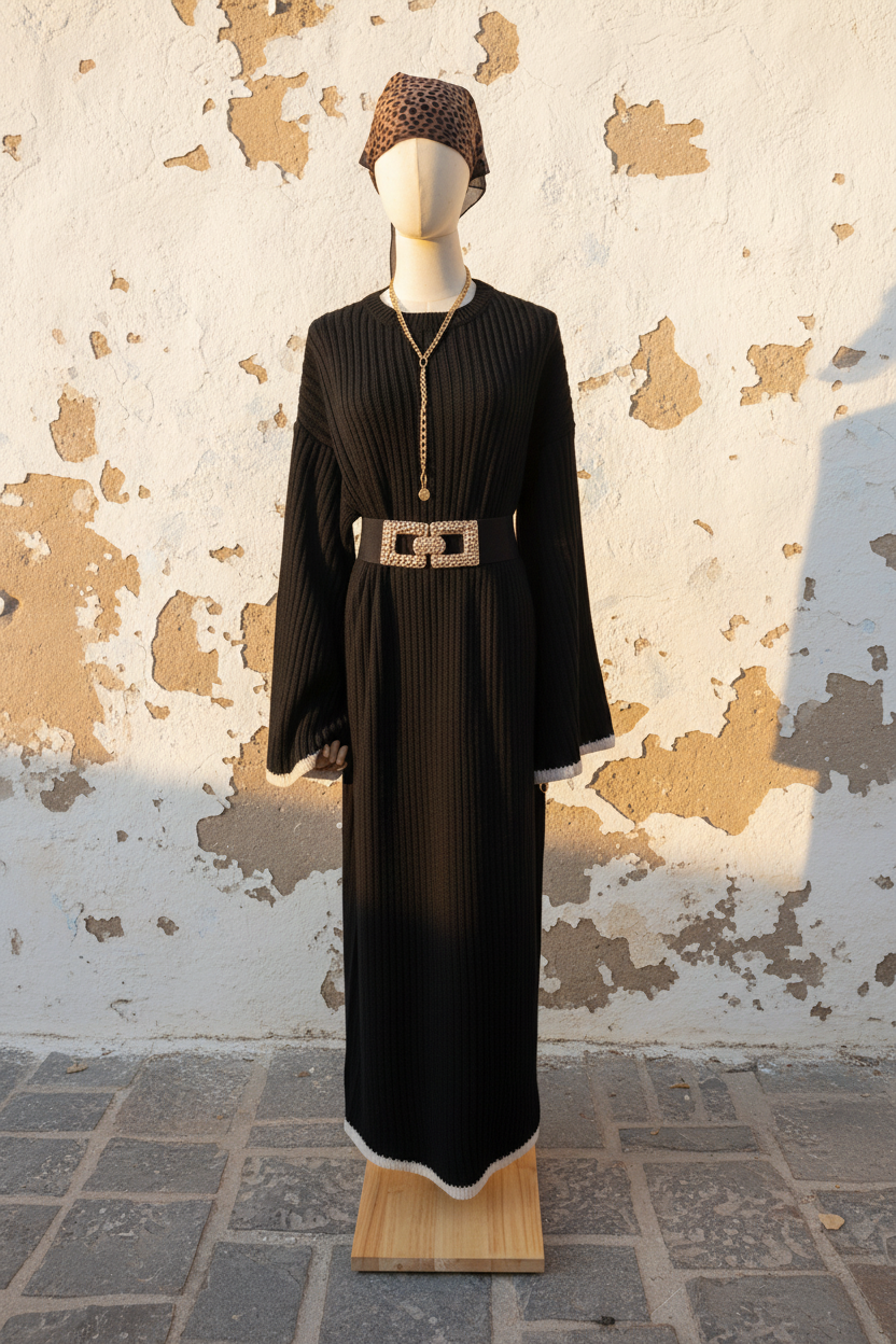 Schwarzes Strickkleid Maxi – Mannequin Seitenansicht
