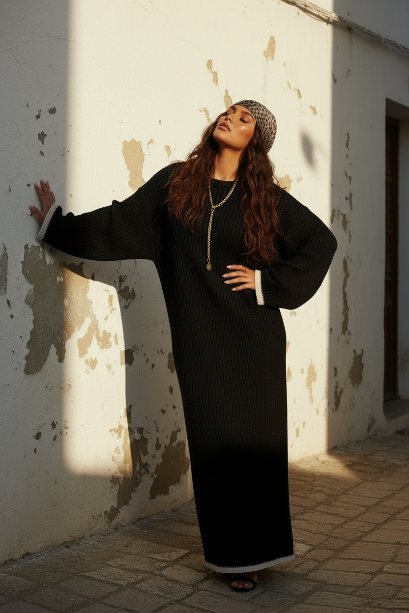 Schwarzes Strickkleid Maxi – Detail weißer Kontrastsaum