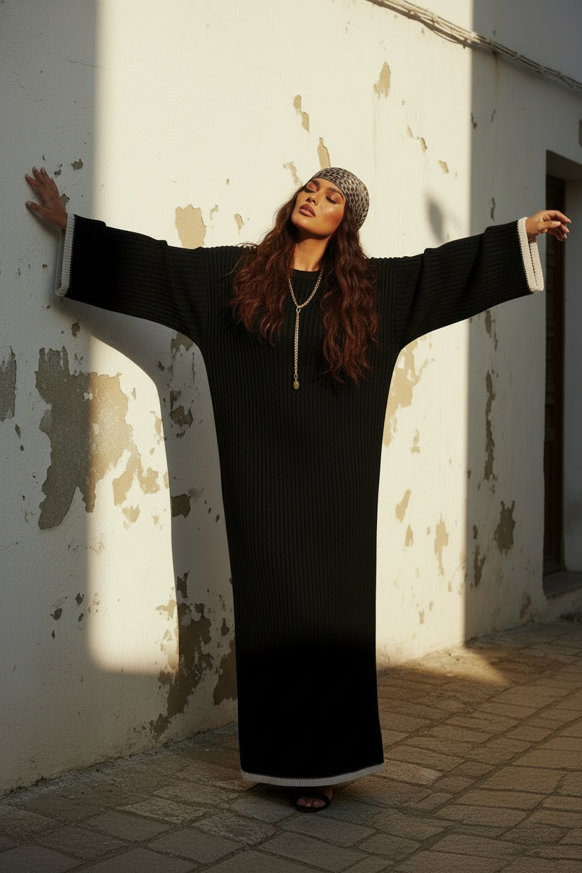 Schwarzes Strickkleid Maxi – Model von hinten