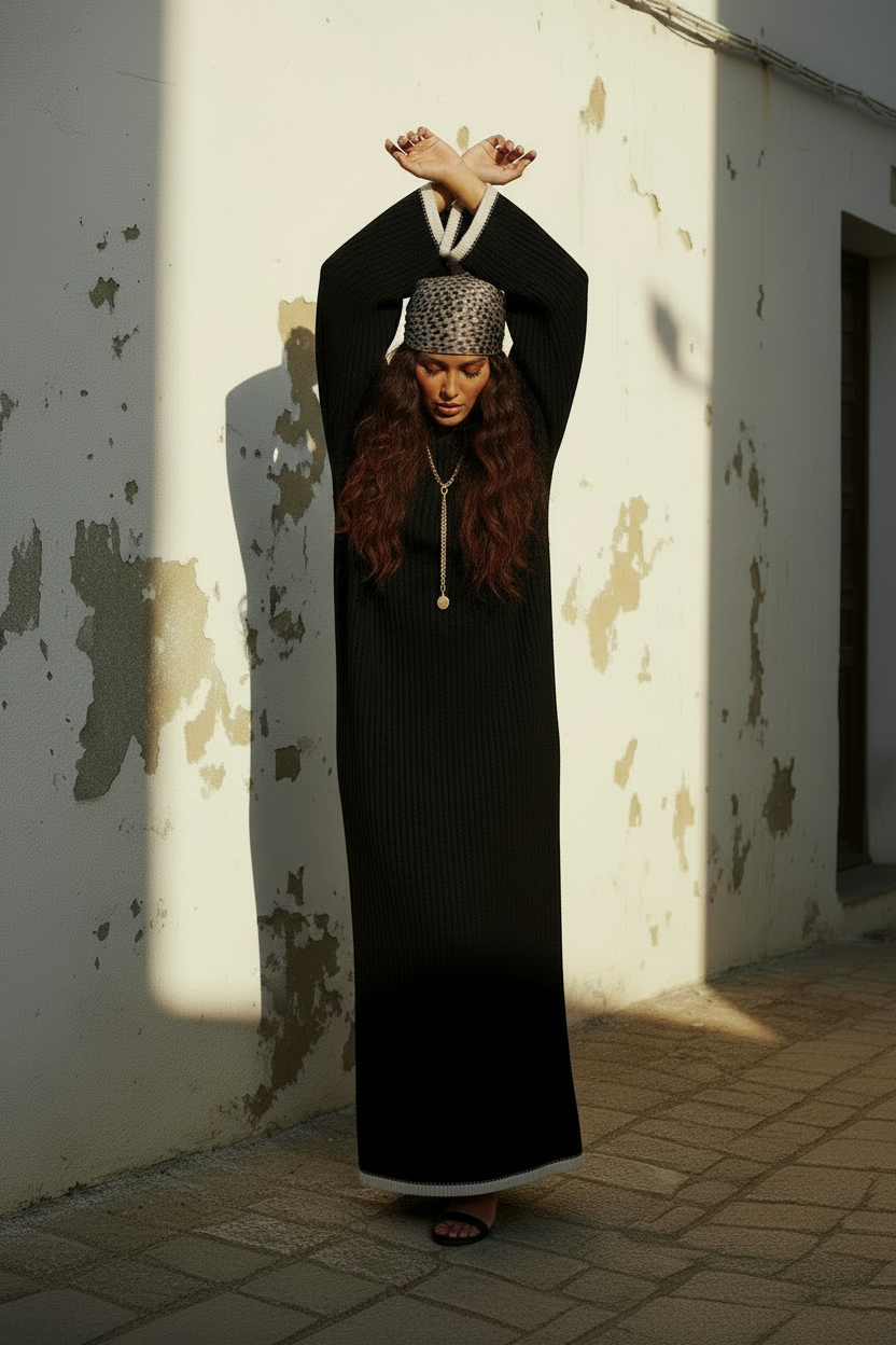 Schwarzes Strickkleid Maxi – Styling mit Goldkette