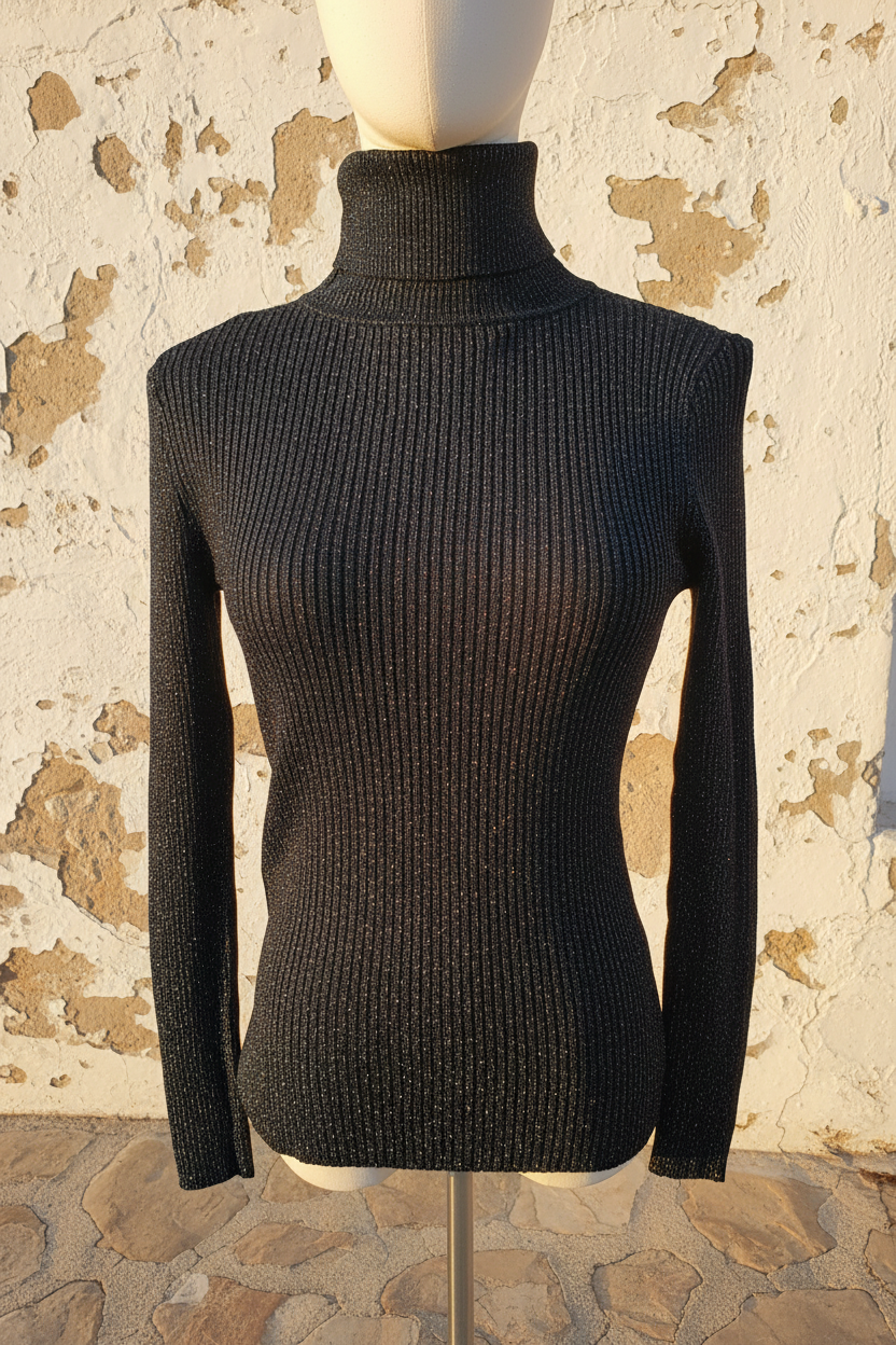 Schwarzer Glitzer Rollkragen Pullover – Model mit pinker Mütze und Lederhose