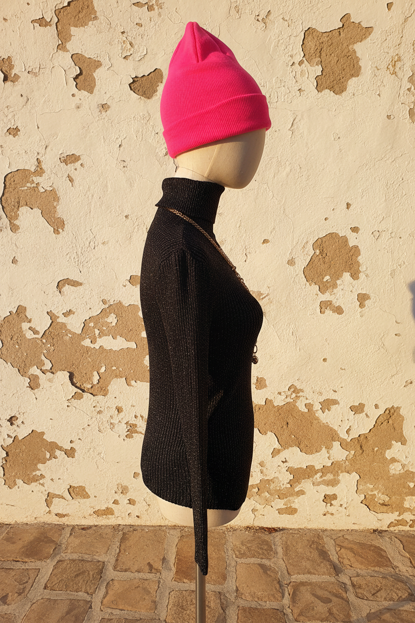 Schwarzer Glitzer Rollkragen Pullover – Seitenansicht Mannequin