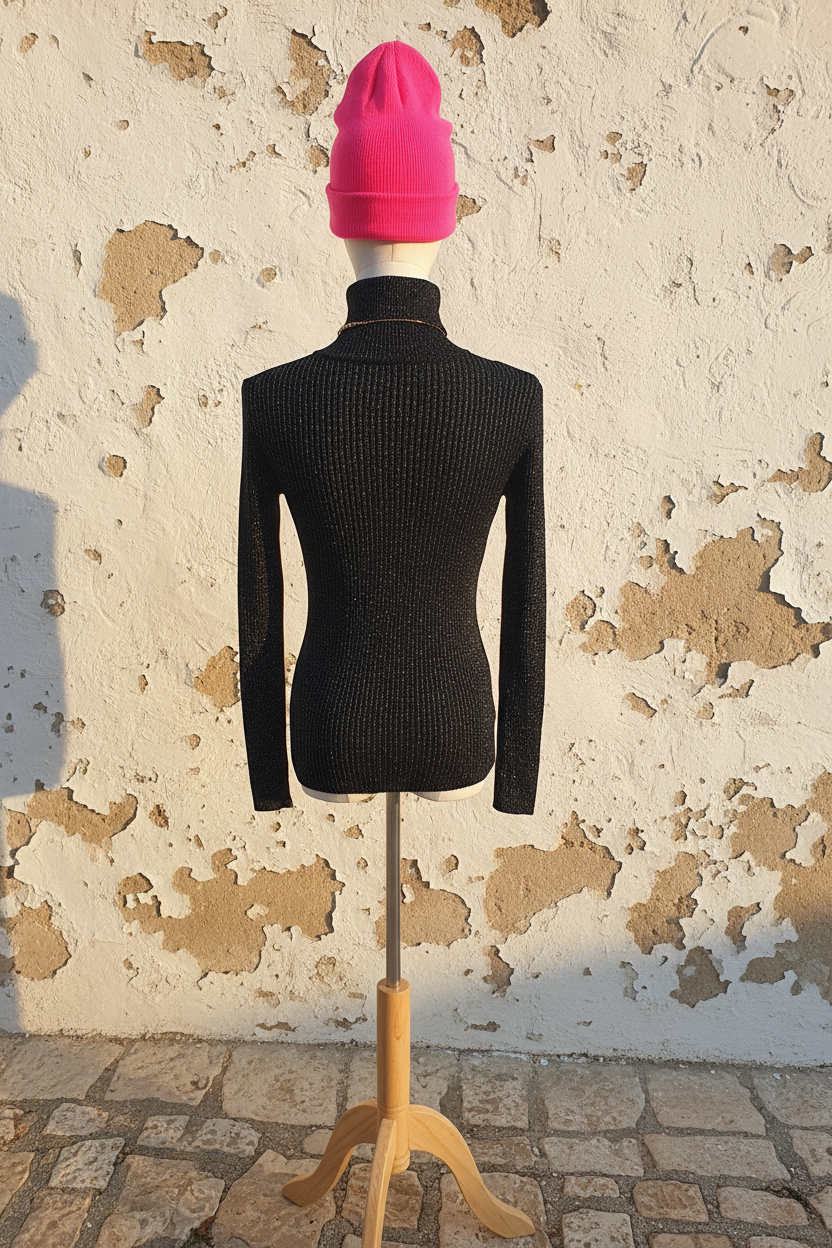 Schwarzer Glitzer Rollkragen Pullover – Model sitzend