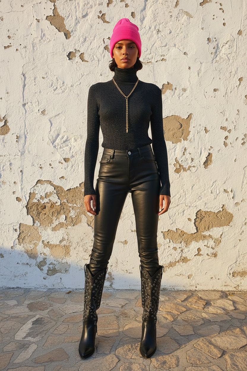 Schwarzer Glitzer Rollkragen Pullover – Model stehend mit Cowboy-Boots