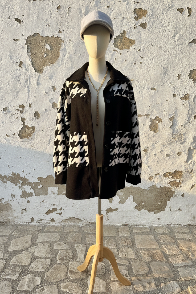 Oversized Hahnentritt Jacke – Mannequin Seitenansicht mit Cap