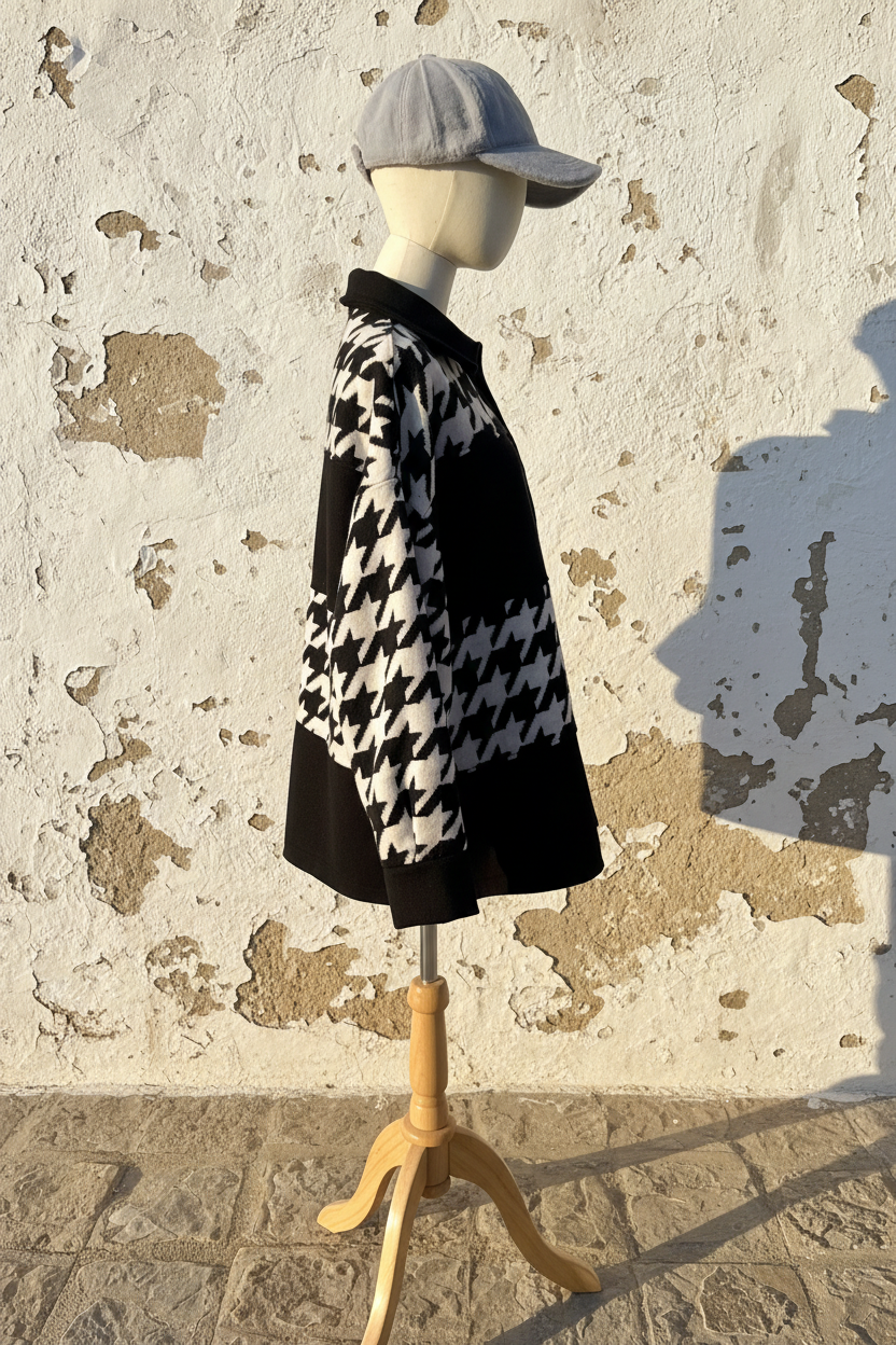 Oversized Hahnentritt Jacke – Mannequin frontal, offen, mit Goldkette