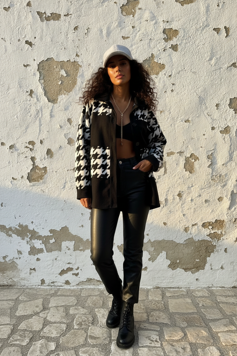 Oversized Hahnentritt Jacke – Detailansicht Knöpfe und Muster