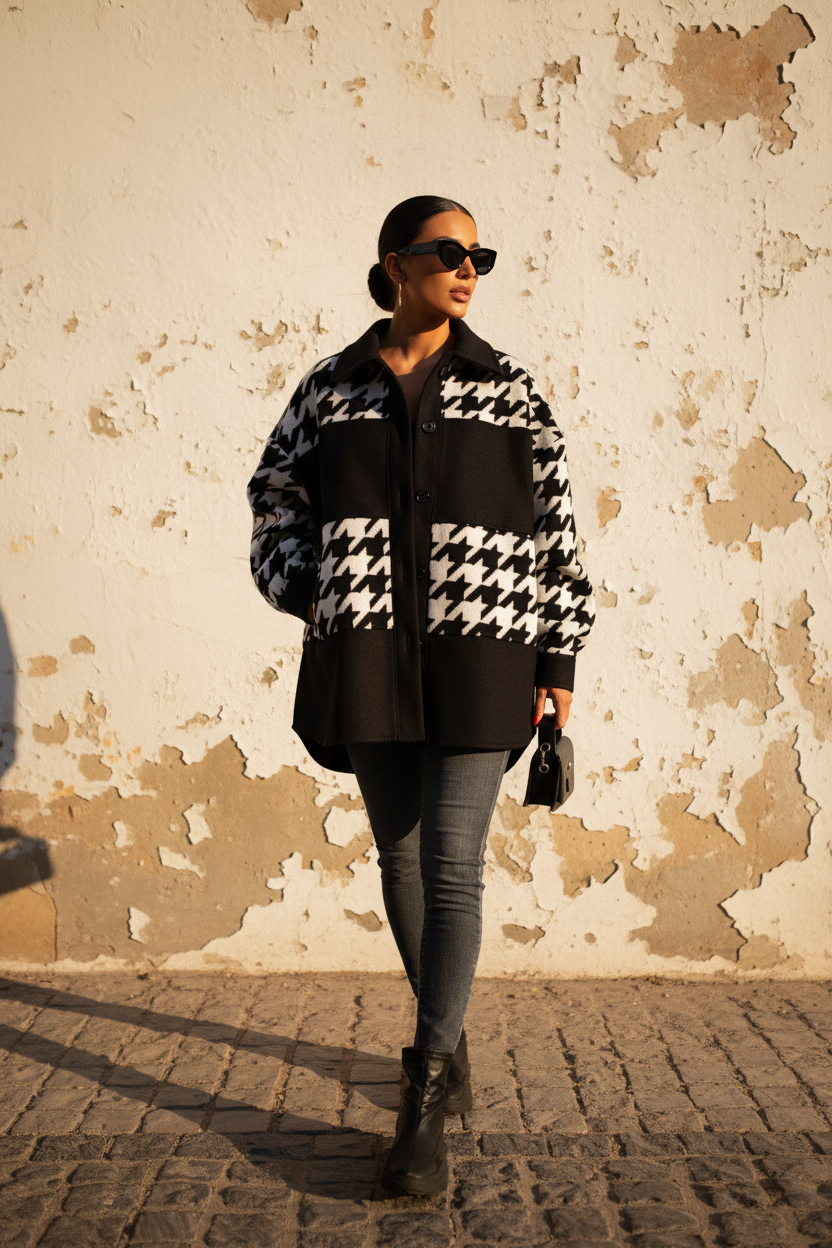 Oversized Hahnentritt Jacke – Model frontal, Hand am Kragen, lässige Pose