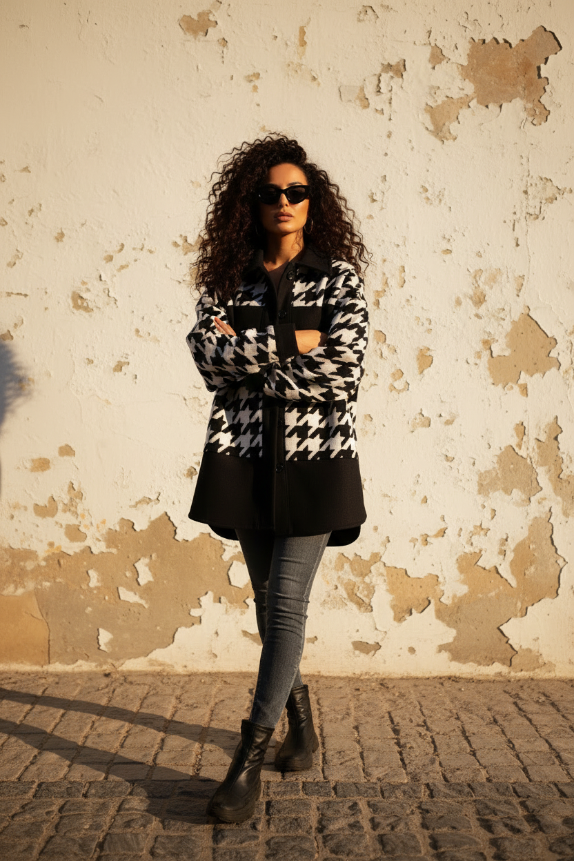 Oversized Hahnentritt Jacke – Mannequin frontal, zugeknöpft