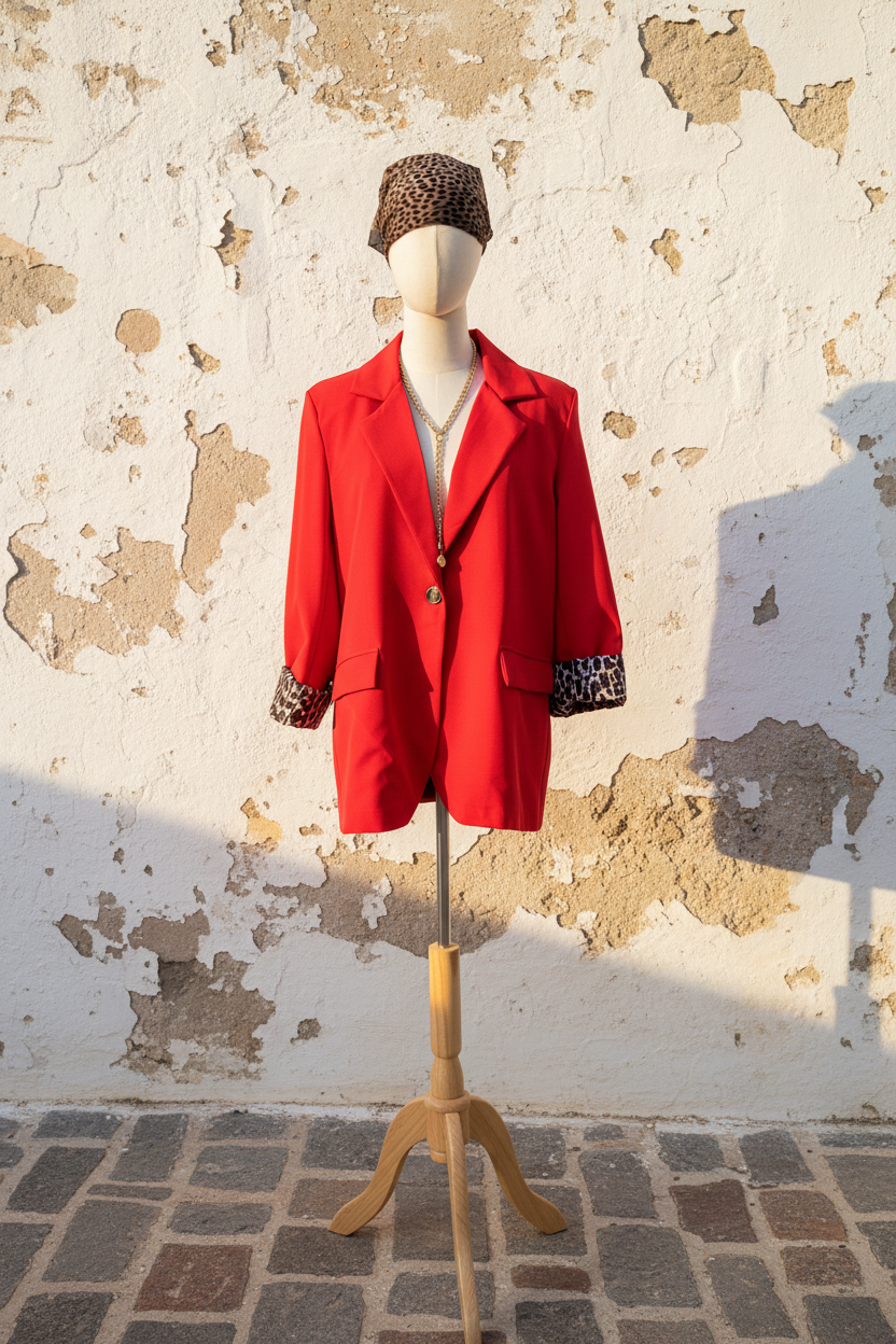 Roter Blazer – Model frontal mit Leo-Haarband, weißer Body, Goldkette