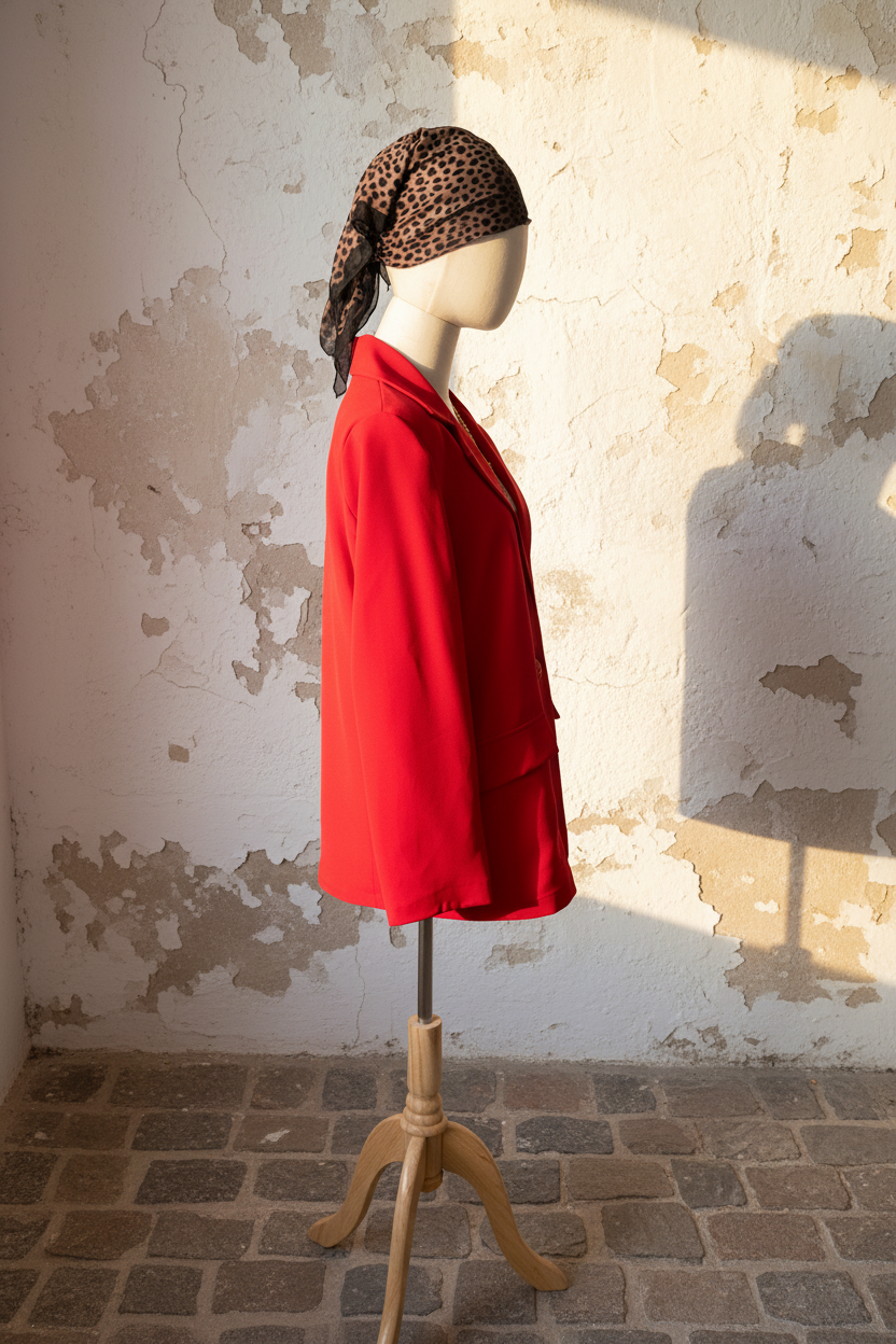 Roter Blazer – Model mit Leo-Hose, Hand auf Hüfte, mediterrane Wand