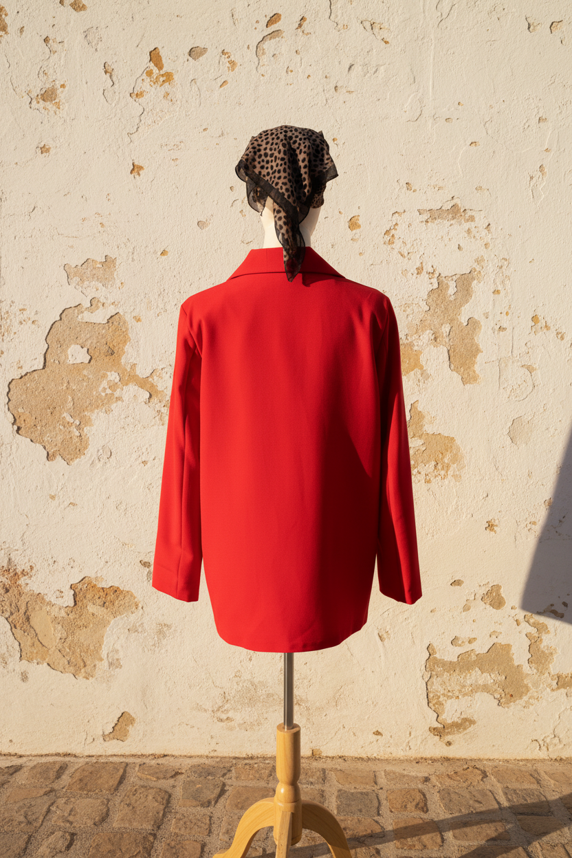 Roter Blazer – Model sitzend mit Leo-Hose, entspannte Pose