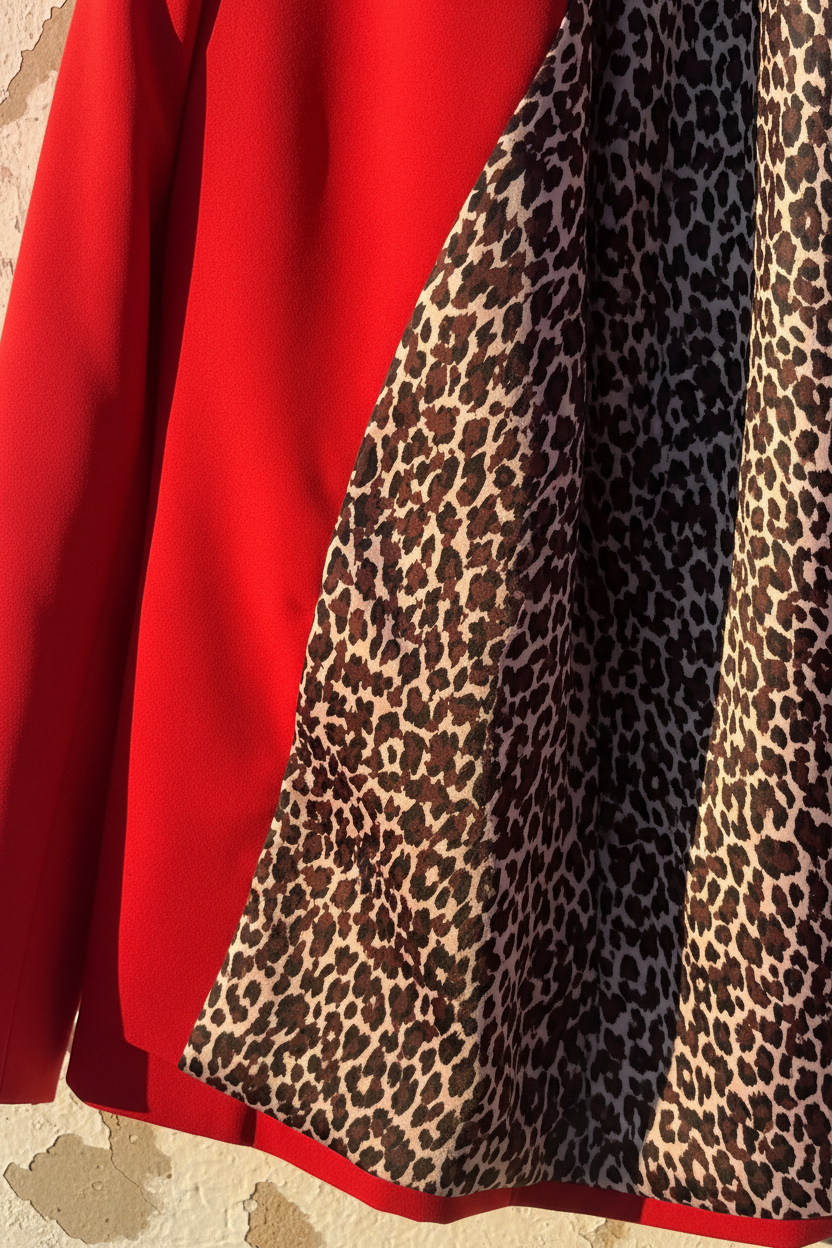 Roter Blazer – Model sitzend, Augen geschlossen, Leo-Hose