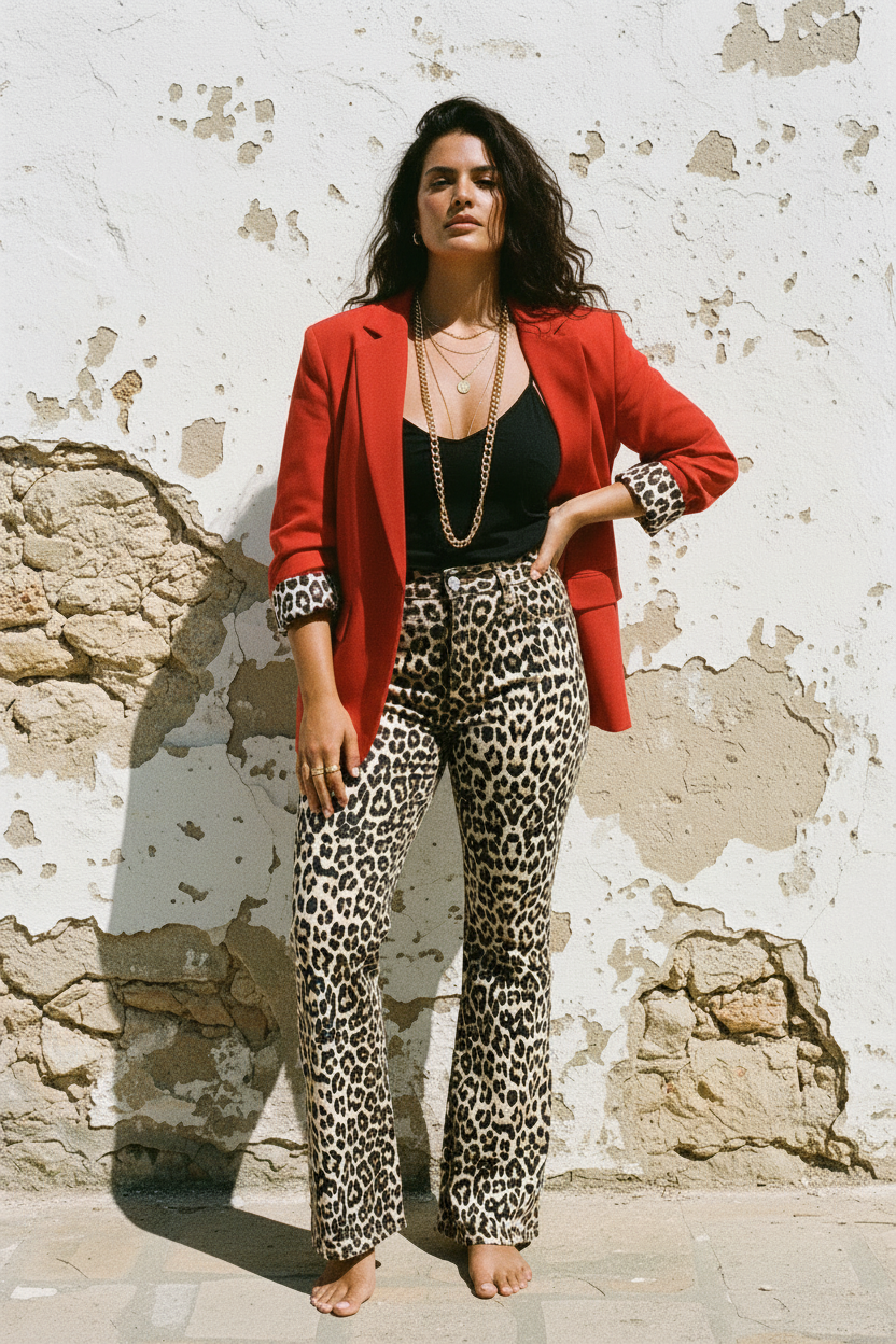 Roter Blazer – Model angelehnt an Wand, Leo-Hose, Goldkette