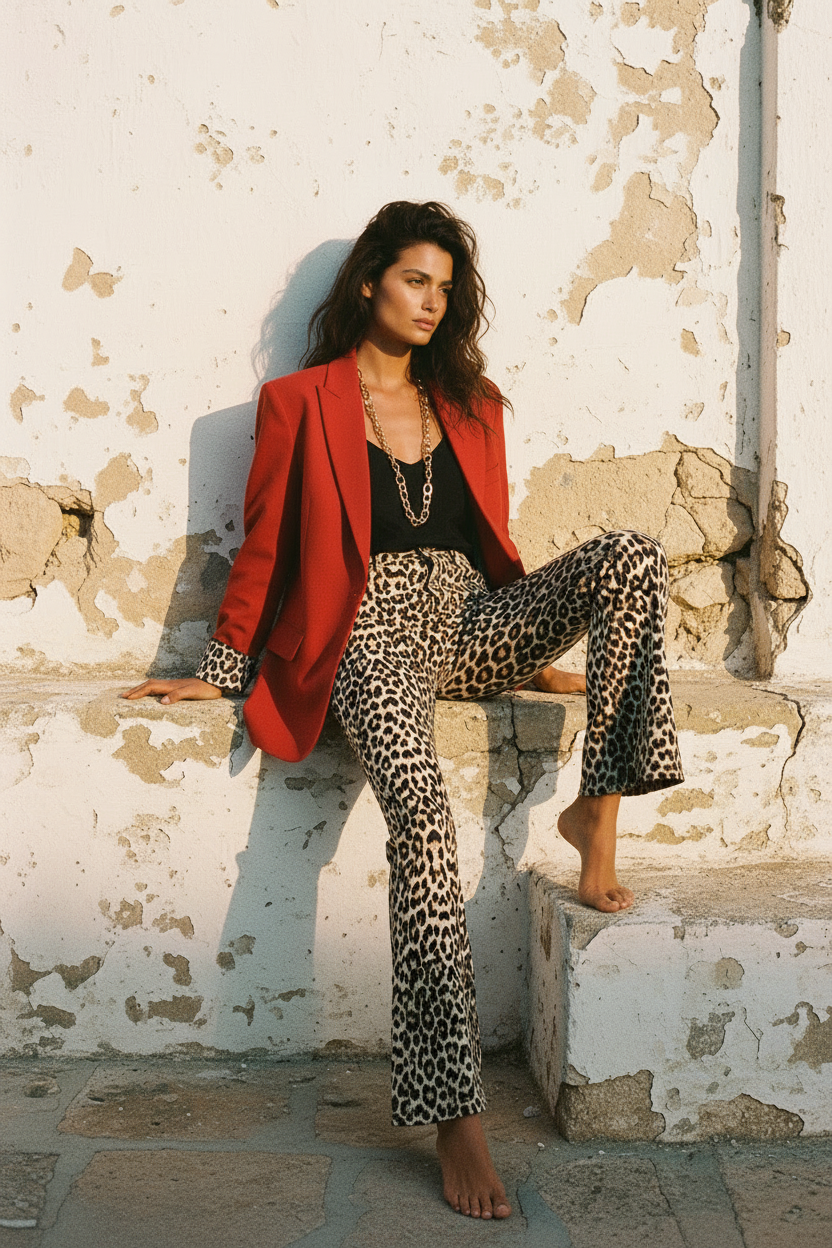 Roter Blazer – Model von der Seite, Leo-Ärmelumschlag sichtbar