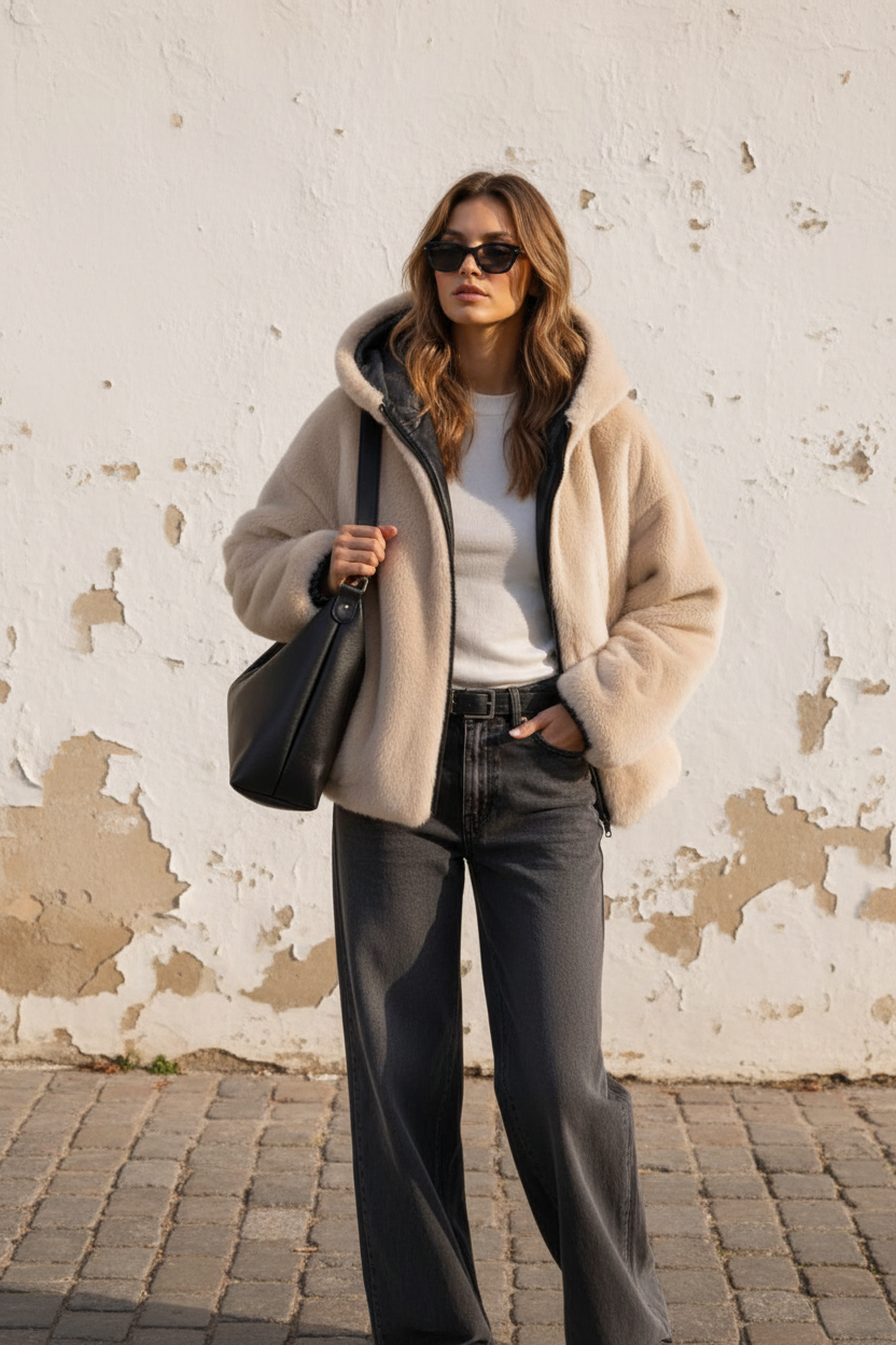 Wendejacke Kunstleder schwarz – Model mit Leoparden-Hose