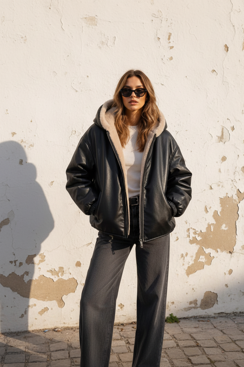 Wendejacke Fellimitat beige – seitliche Ansicht