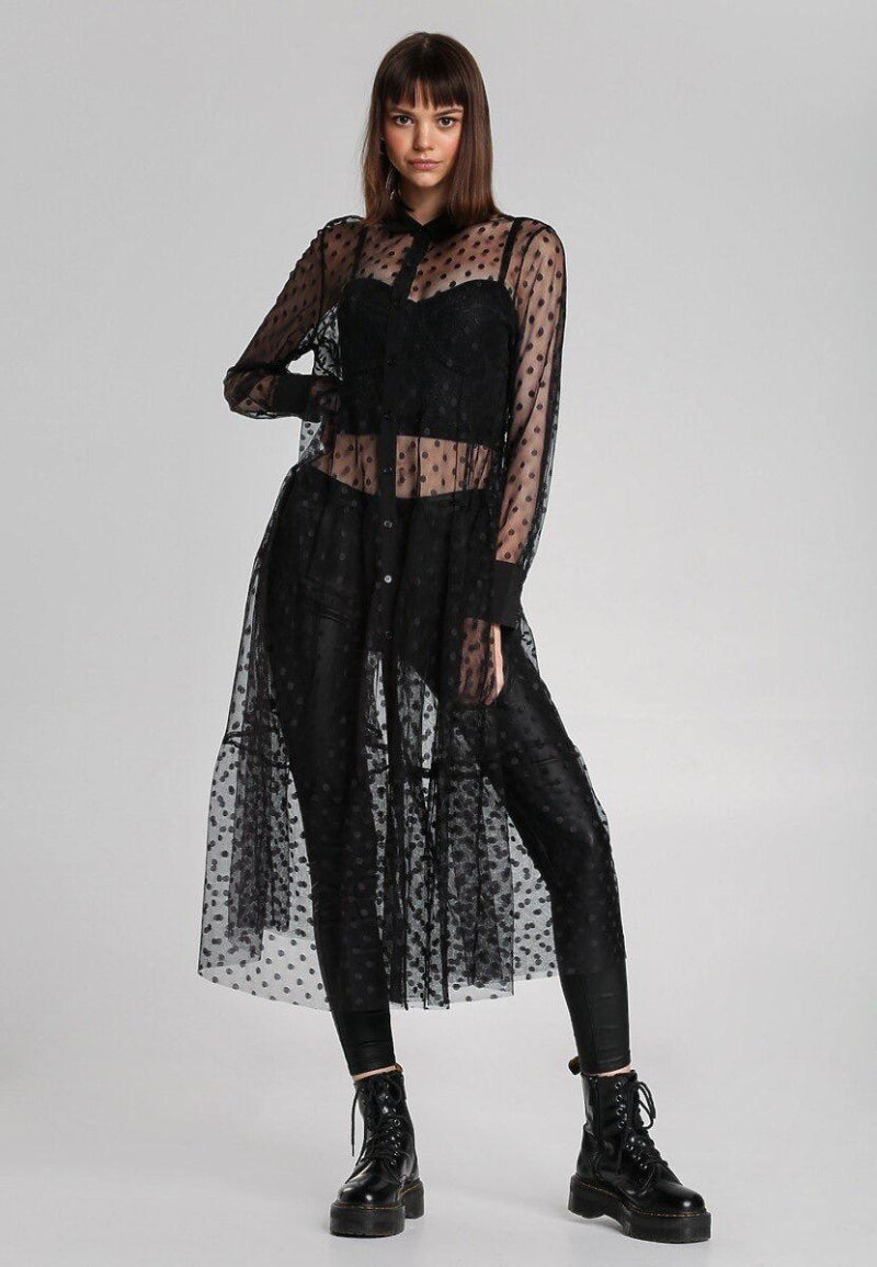 Schwarzes Tüllkleid mit Punkten & Knopfleiste – LACLARA mediterrane Mode
