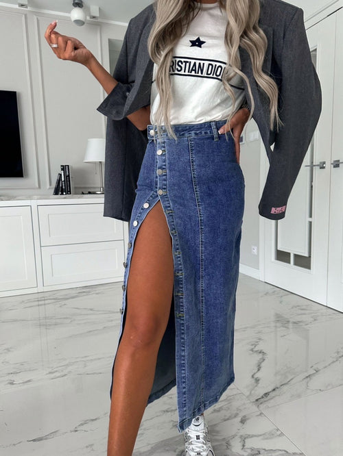 Blauer Denim Maxi-Rock mit Knopfleiste & Schlitz – LACLARA mediterrane Mode