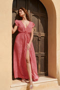 Maxi-Wickelkleid Rot Blümchen-Print mit Beinschlitz – LACLARA mediterrane Mode