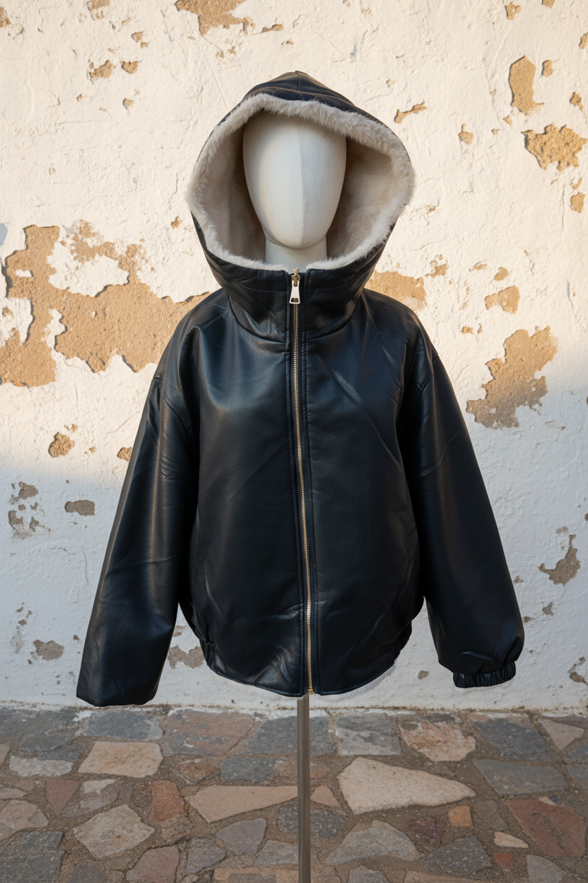 Wendejacke Kunstleder & Fellimitat mit Kapuze – LACLARA mediterrane Mode