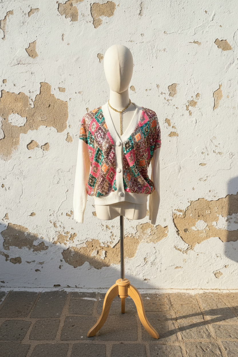 Pailletten Cardigan Rückenansicht auf Schneiderpuppe