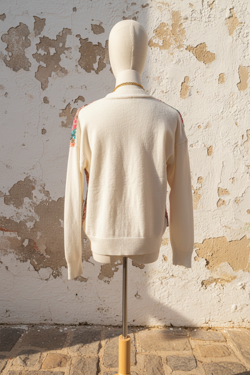 Pailletten Cardigan – Model sitzend