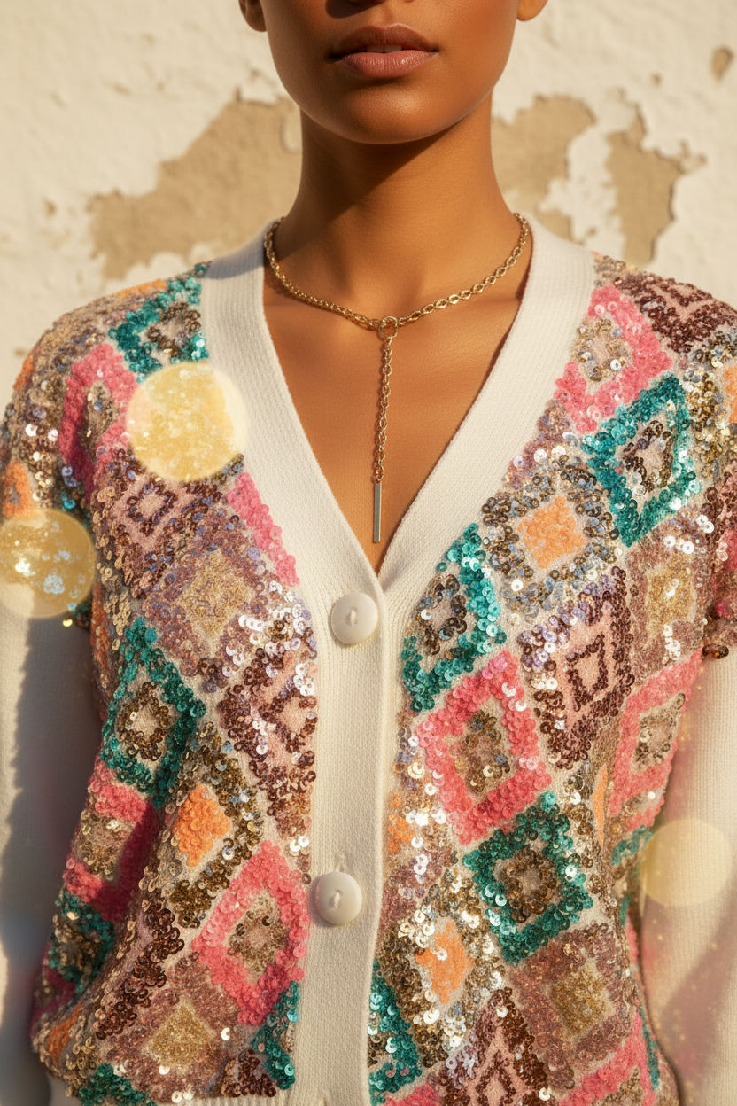 Pailletten Cardigan Creme – LACLARA mediterrane Mode