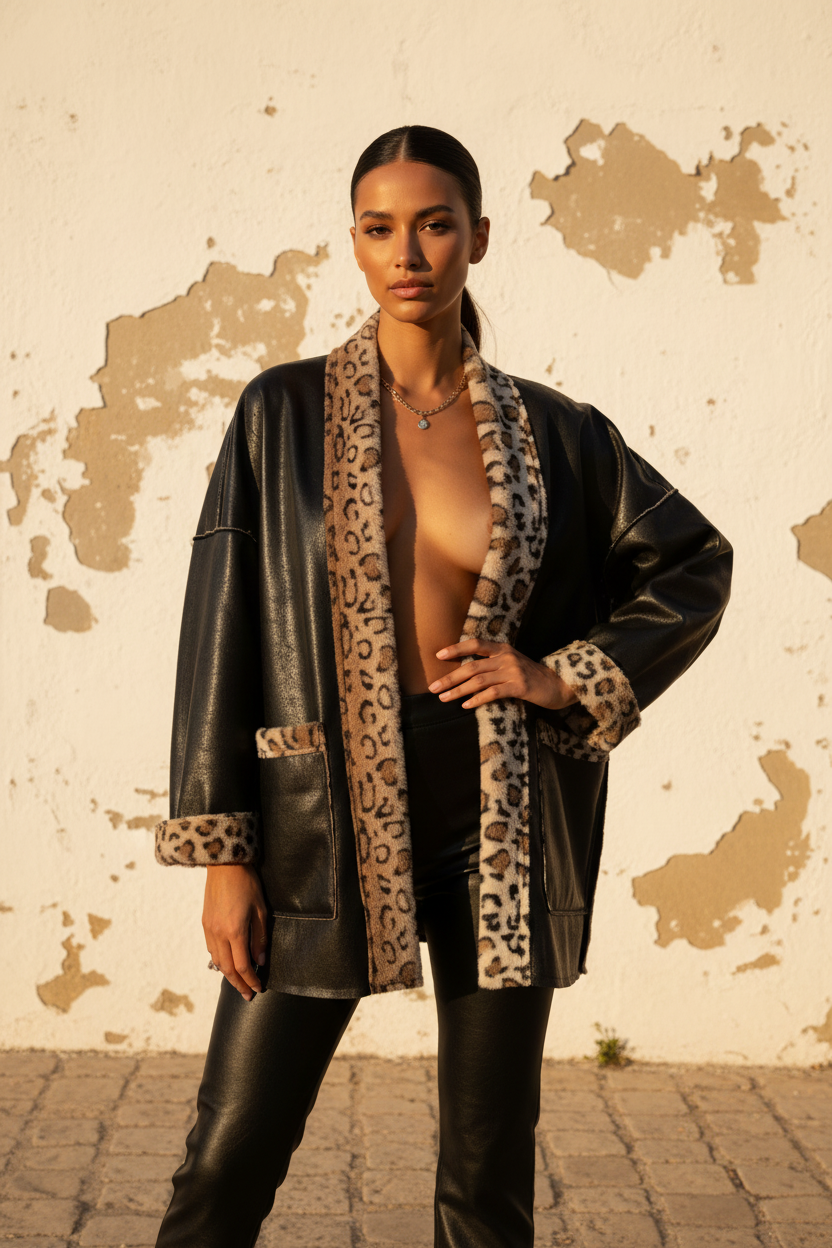 Wende-Blazer Leo-Seite – Model seitlich gehend